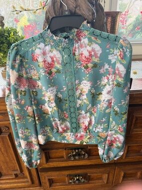 Teal Floral Smocked-Neck Long Sleeve Blouse